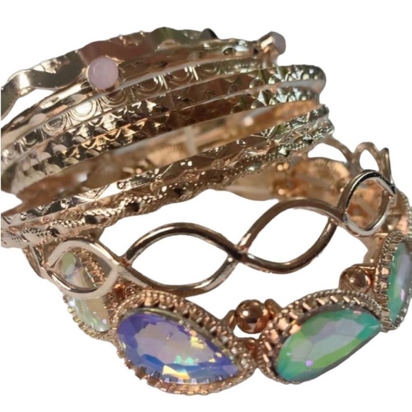 Set of 10 Rose Gold Bangle Bracelets with Gemstones - Picture 1 of 6